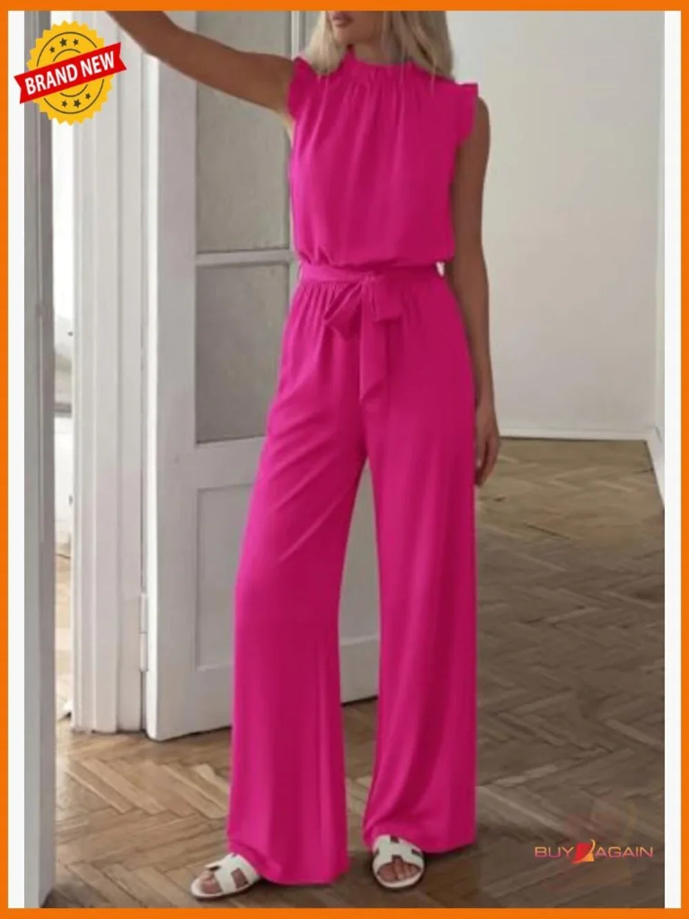 Dressy Jumpsuit with Ruffle Mock Neck, Pockets, & Belt